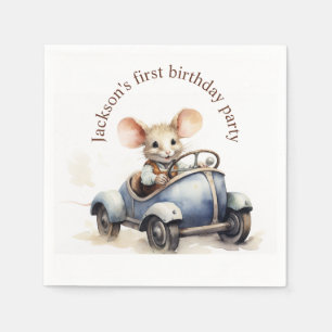 Serviette En Papier Souris d'aquarelle mignonne en voiture bleue Premi