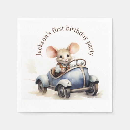 Serviette En Papier Souris d'aquarelle mignonne en voiture bleue Premi (Devant)