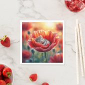 Serviette En Papier Souris dormant dans une fleur rouge (En situation)