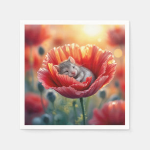 Serviette En Papier Souris dormant dans une fleur rouge