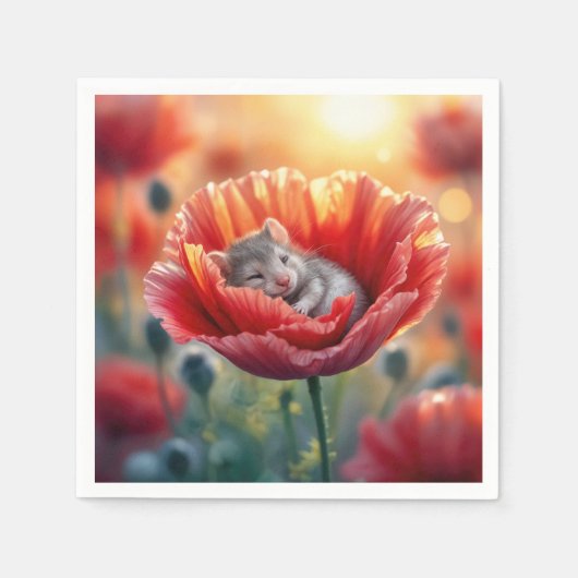 Serviette En Papier Souris dormant dans une fleur rouge (Devant)