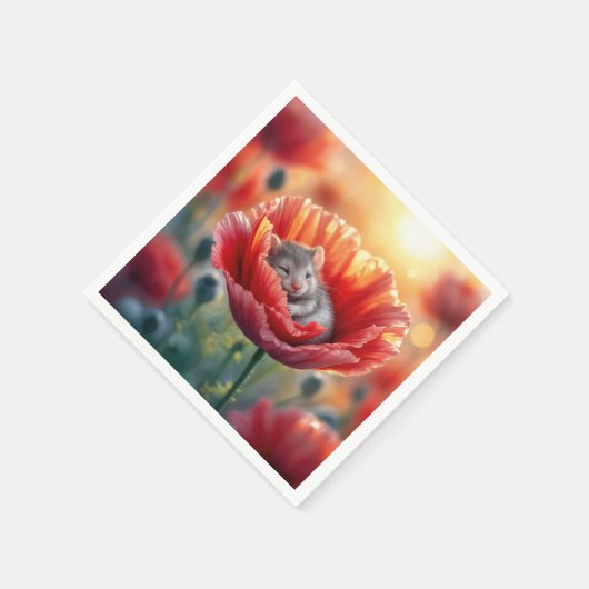 Serviette En Papier Souris dormant dans une fleur rouge (Coin)