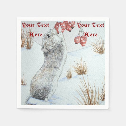 Serviette En Papier Souris mignonne et baies rouges scène de neige (Devant)