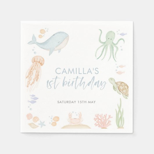 Serviette En Papier Sous la mer 1er anniversaire animal marin (Devant)