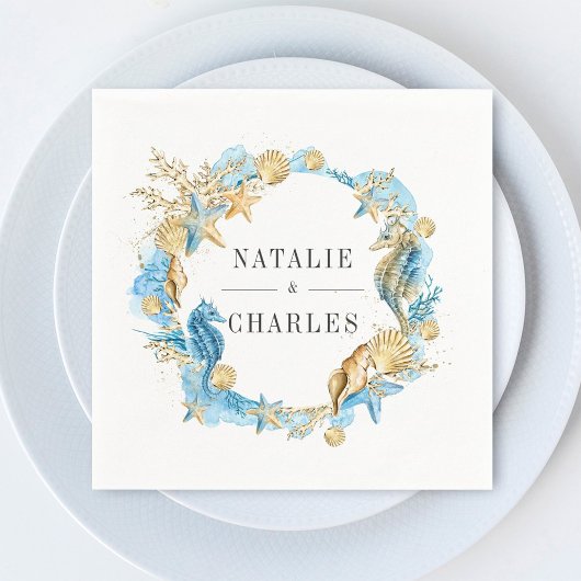 Serviette En Papier Sous le Mariage d'été Sea Blue Gold
