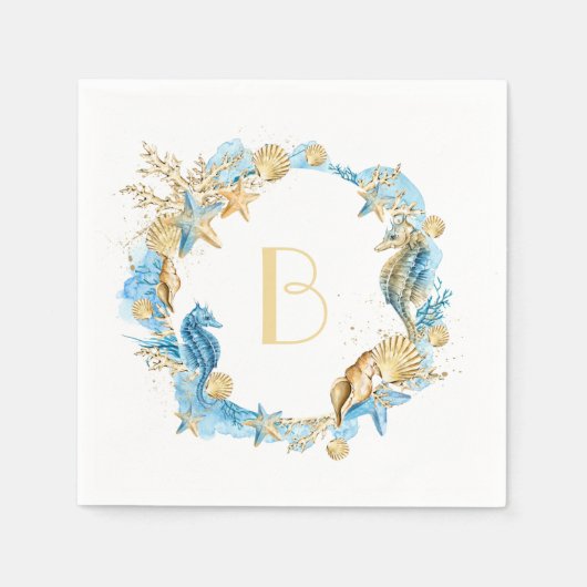 Serviette En Papier Sous le monogramme d'or bleu marine (Devant)