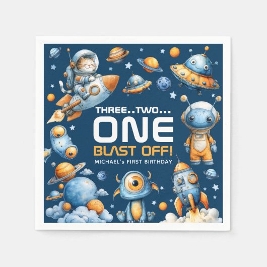 Serviette En Papier Space Rocket Astronaut Cat Blast Off 1st Birthday (Devant)