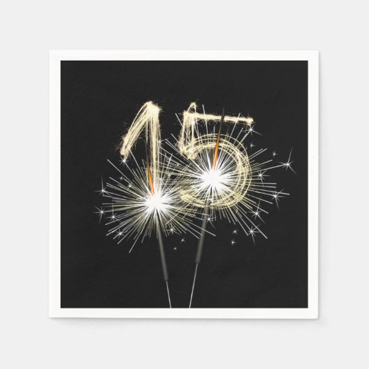 Serviette En Papier Sparklers du 15e anniversaire sur Noir (Devant)
