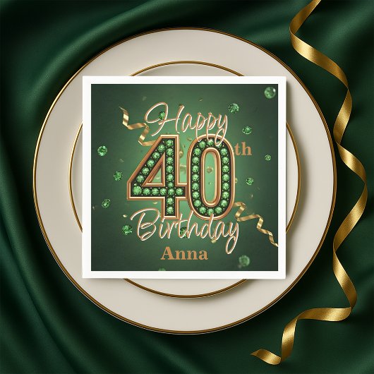 Serviette En Papier Sparkling Emerald Green and Gold 40th Birthday