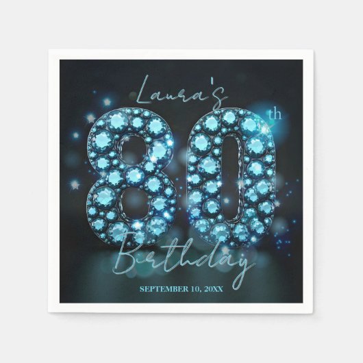 Serviette En Papier Sparkling Turquoise Black Diamond 80th Birthday (Devant)
