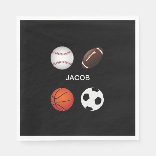 SERVIETTE EN PAPIER "SPORTS" PAPIER NAPKINS AVEC NOM D'ENFANT. (Devant)