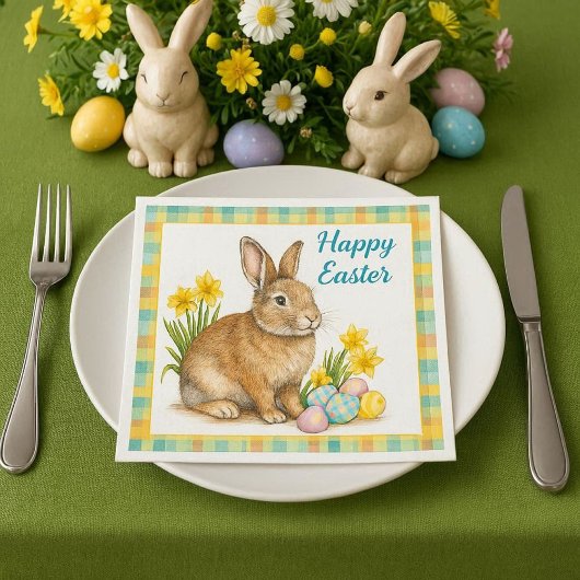 Serviette En Papier Spring Plaid with Easter Bunny 