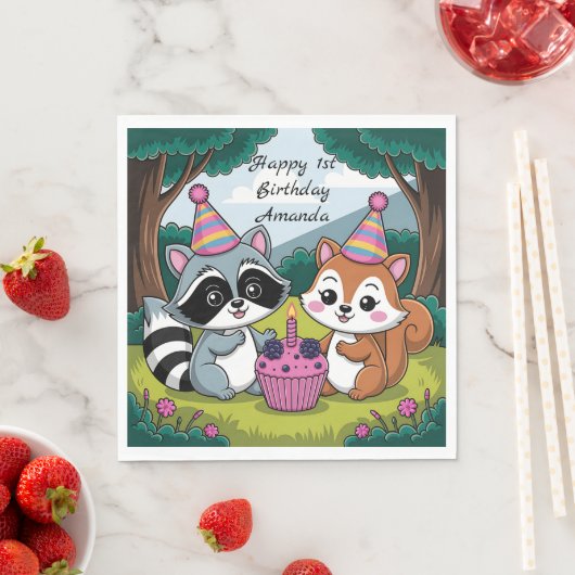 Serviette En Papier Squirrel and Raccoon cute Birthday (En situation)