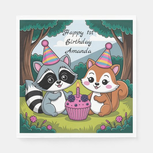 Serviette En Papier Squirrel and Raccoon cute Birthday (Devant)