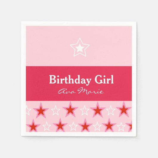 Serviette En Papier Star Birthday Girl Party, rose et rouge (Devant)