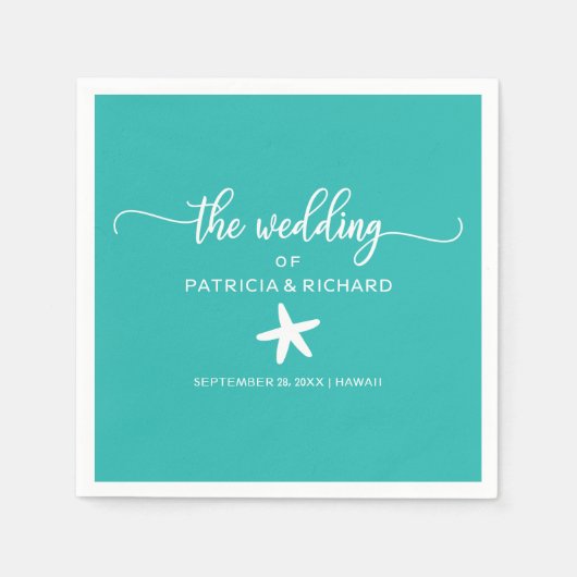Serviette En Papier Starfish Beach Mariage Turquoise Turquoise et Blan (Devant)