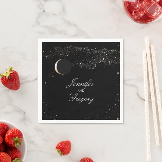Serviette En Papier Starry Night Stars Mariage noir et or (En situation)