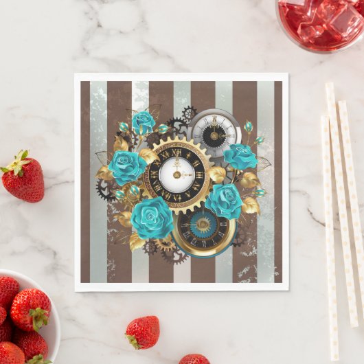Serviette En Papier Steampunk Clock and Turquoise Roses on Striped (En situation)
