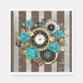 Serviette En Papier Steampunk Clock and Turquoise Roses on Striped (Devant)