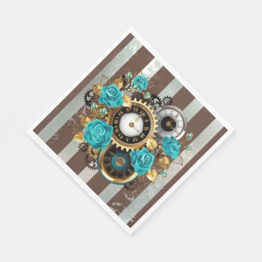Serviette En Papier Steampunk Clock and Turquoise Roses on Striped (Coin)