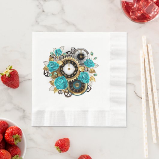 Serviette En Papier Steampunk Clock and Turquoise Roses on Striped (En situation)