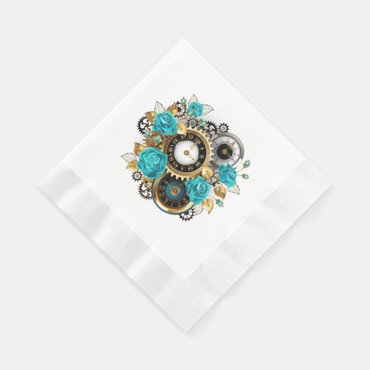 Serviette En Papier Steampunk Clock and Turquoise Roses on Striped (Coin)