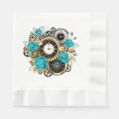 Serviette En Papier Steampunk Clock and Turquoise Roses on Striped (Devant)