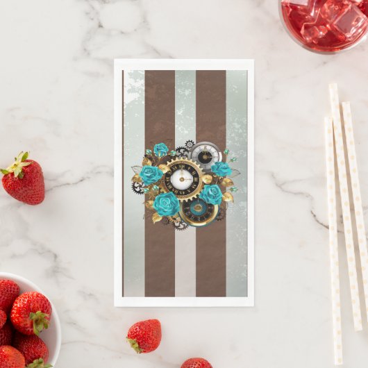 Serviette En Papier Steampunk Clock and Turquoise Roses on Striped (En situation)
