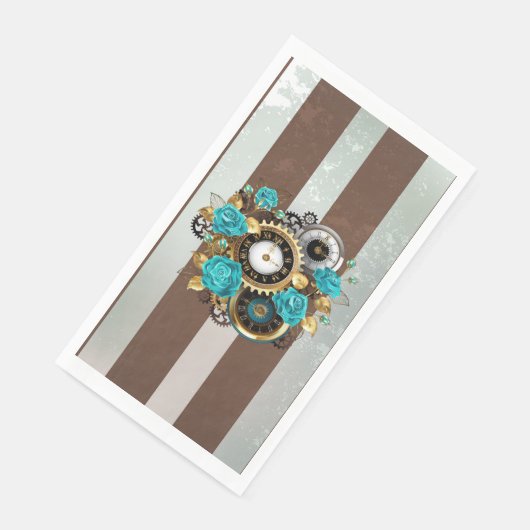 Serviette En Papier Steampunk Clock and Turquoise Roses on Striped (Coin)