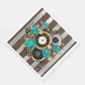 Serviette En Papier Steampunk Clock and Turquoise Roses on Striped (Coin)