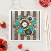 Serviette En Papier Steampunk Clock and Turquoise Roses on Striped (En situation)