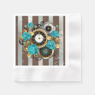 Serviette En Papier Steampunk Clock and Turquoise Roses on Striped
