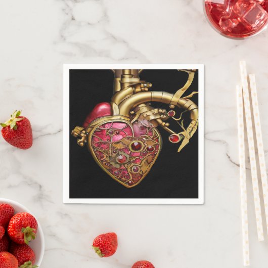 Serviette En Papier Steampunk Coeur Anatomique rubis et engrenages (En situation)