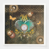 Serviette En Papier Steampunk, coeur merveilleux avec horloges (Devant)