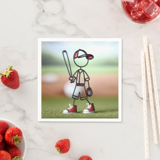 Serviette En Papier Stick Figure Baseball Player Avec Baskets Rouges (En situation)