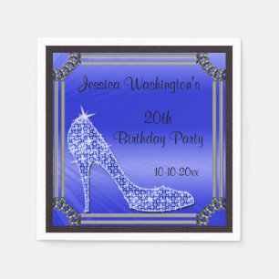 Serviette En Papier Stiletto Bleu Cadre Élégant Argent 20e Anniversair