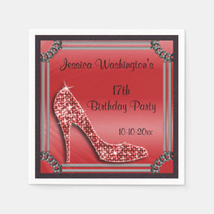 Serviette En Papier Stiletto Rouge Cadre Élégant Argent 17e Anniversai