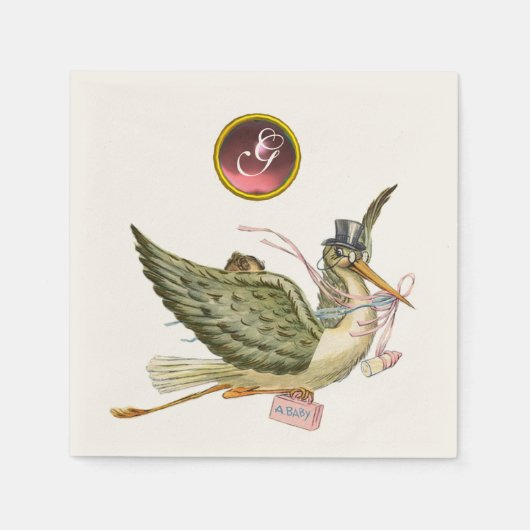 SERVIETTE EN PAPIER STORK BÉBÉ FILLE DOUCHE ROSE GEM PIERRE MONOGRAM (Devant)