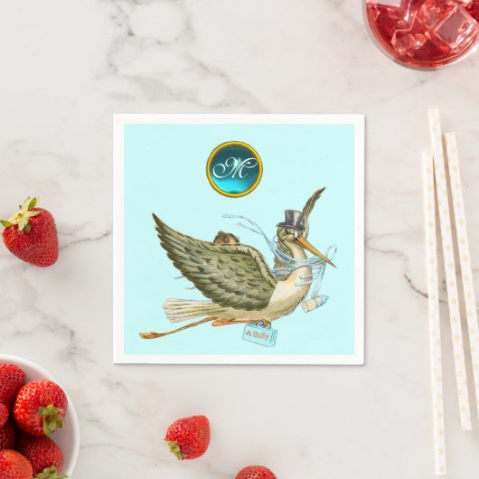 SERVIETTE EN PAPIER STORK BÉBÉ GARÇON DOUCHE BLUE GEM PIERRE MONOGRAM (En situation)