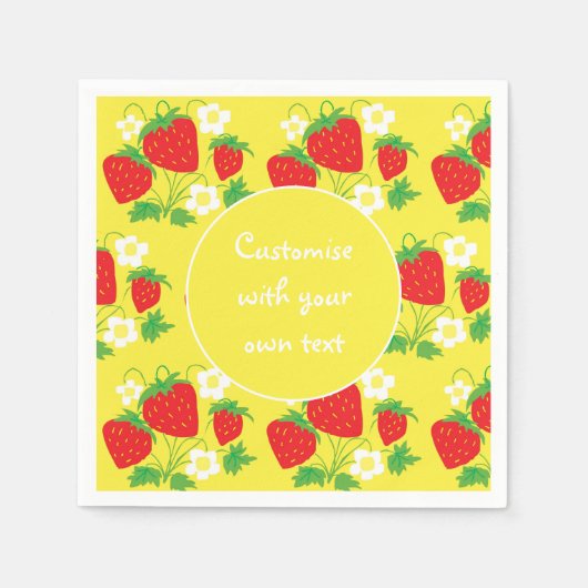 Serviette En Papier Strawberries and Flowers Yellow Custom Text (Devant)