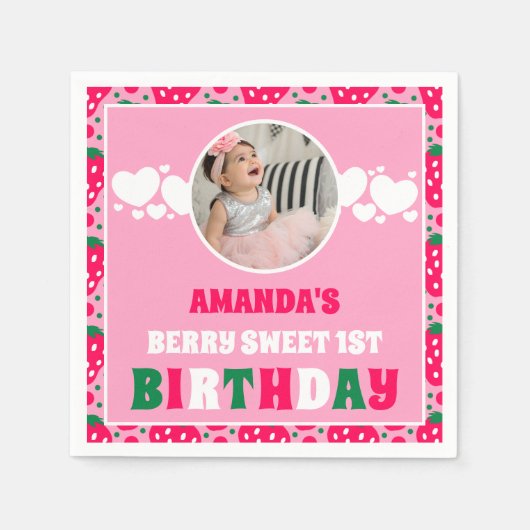 Serviette En Papier Strawberry First Birthday Celebration Photo (Devant)