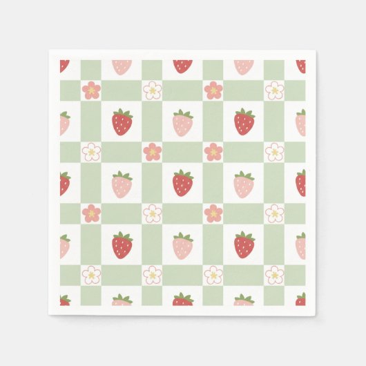 Serviette En Papier Strawberry Gingham Pastel Green 1st Birthday (Devant)