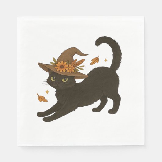 Serviette En Papier Stretting Chat Noir - Witchy Automne Classique T-S (Devant)