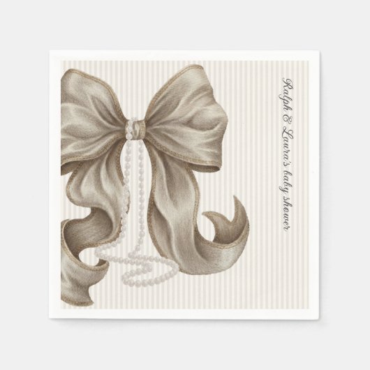 Serviette En Papier Striped Bow Ivory Pearl Baby Shower  (Devant)