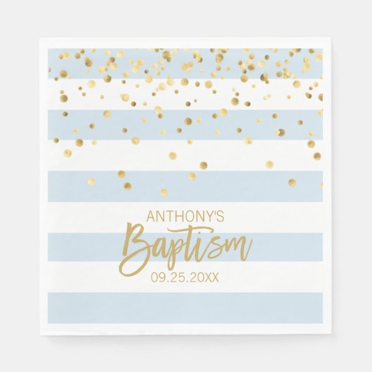 Serviette En Papier Stripes Pastel Blue Gold BOY BAPTISM Déjeuner (Devant)