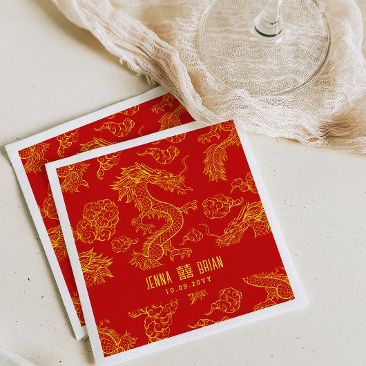 Serviette En Papier Style Dragon Double Bonheur Or et Rouge