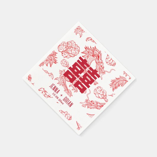 Serviette En Papier Style Dragon Double Symbole Bonheur Style Blanc (Coin)