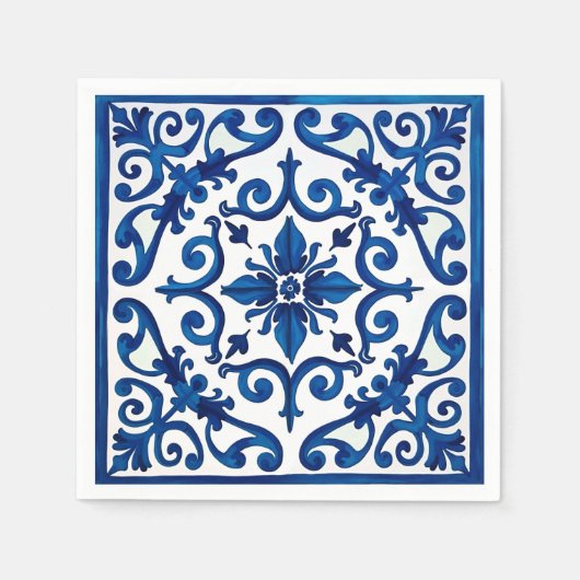 Serviette En Papier style italien, méditerranéen, mosaïque, bleu, (Devant)