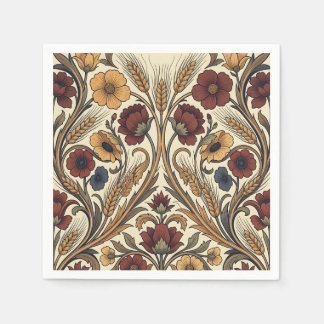 Serviette En Papier Style William Morris Rouge Or Fleur Motif Blé Doré