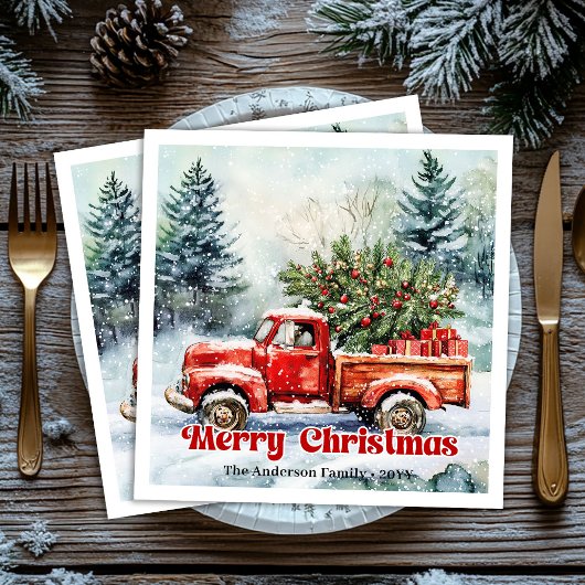 Serviette En Papier Stylish red truck winter scene rustic napkins set